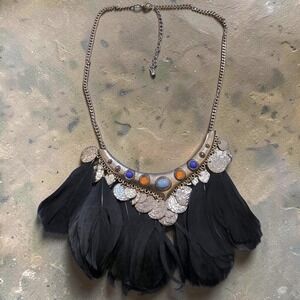 Boho Black Feather Gold Tone Bib Statement Necklace